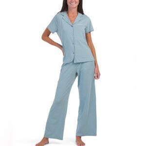 CK L Slate Seafoam Blue Modal Blend Notched Collar Short Sleeve Top Wide Leg PJ